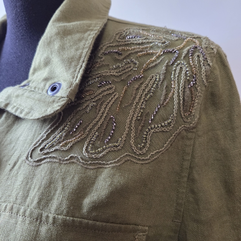 CHICO'S Linen Beaded Jacket Green Large - Picture 3 of 8